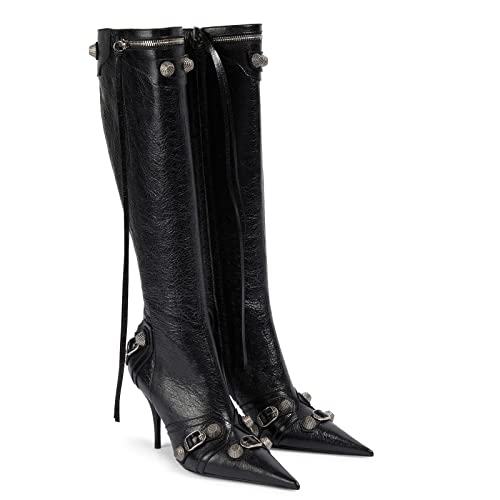 Arqa Stiletto Heel Knee High Boots With Studded Pointy Toe Fashion Buckle Motorcycle Boot Zipper Dress Shoes Black Size 9 #TOP7