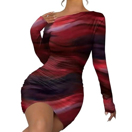 Image of Women's Long Sleeve Bodycon Mini Dress Tie Dye Print Slim Fit Asymmetrical Neck Elegant Formal Ruched Short Dresses