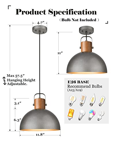 ELYONA Industrial Pendant Light Fixtures,12" Rubber Wood Dome Hanging Lamp, Grey Metal Shade,Adjustable Rustic Island Light for Kitchen Sink Farmhouse Dining Room Living Room Hallway, Antique Silver - Image 5