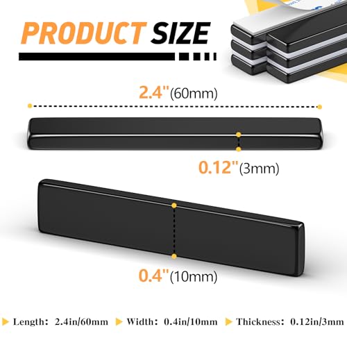 6 Pack Super Strong Neodymium Bar Magnets with Double-Sided Adhesive, Strong Magnets Heavy Duty, Magnets with Adhesive Backing, Rare Earth Magnet for Fridge, Whiteboard Magnets - 60x10x3mm - Black