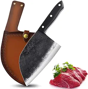 Dream Reach Forging Serbian Chef Knife, Kitchen Chef Knives Full Tang High Carbon Clad Steel Almasi Butcher Cleaver with Leather Sheath (B-Almasi Knife)