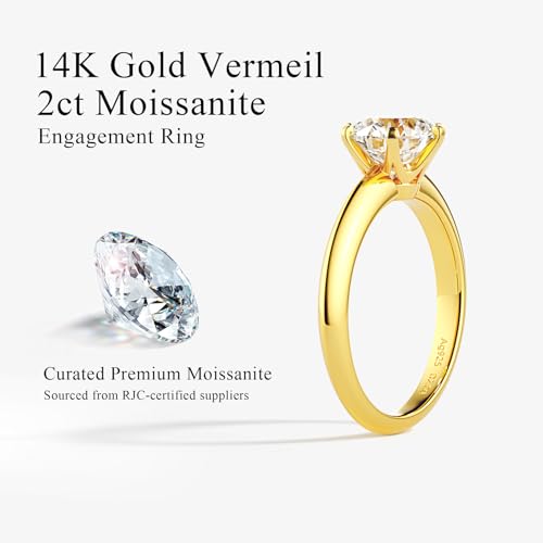 Blueeve 2ct Moissanite Engagement Ring for Women – Round D Color VVS1 Clarity, 6-Prong Solitaire 14K Gold Vermeil & Rhodium Plated 925 Sterling Silver Wedding Band2