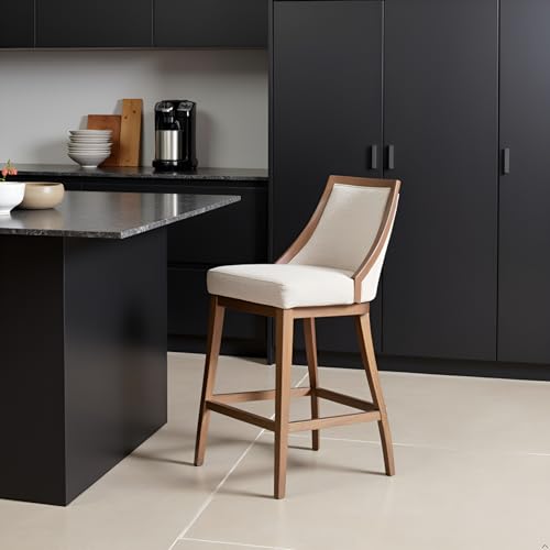 Image of Ellie Bar Height Swivel Stool with Back - 46 inch Tall Barstool with Upholstered Seat, Solid Rubberwood Frame, Steel Memory Return, Metal Kick Plate and Footrest - for Kitchen Island or Home Bar (Brown)