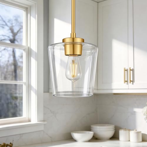 Image of 2-Pack Gold Pendant Lights Kitchen Island, 8 inch Clear Glass Shade | Modern Hanging Light Fixture for Dining Room, Adjustable Height, E26 Base, Brushed Gold, AD-22004-1P2L-GD