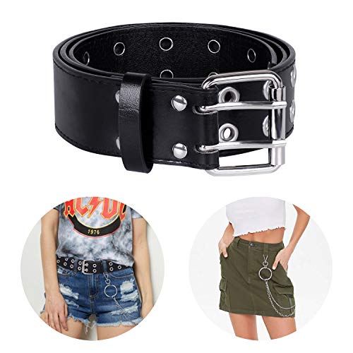 WHIPPY Double Grommet Belt for Women Men PU Leather Double Prong Buckle Vintage Punk Rock Jeans Belts2