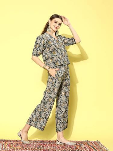 Image of Stylum Women's Printed Cotton Loungewear Co-Ord Set (Csvayu Mustard)