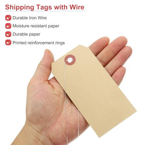 QUARKZMAN 100 Stück Hängeetiketten, Versandetiketten mit Drahtschnur, Papieretiketten zum Beschriften, geeignet für Gepäck, Kleidung, Weinflaschen (12,1 cm x 6 cm, Kraft)