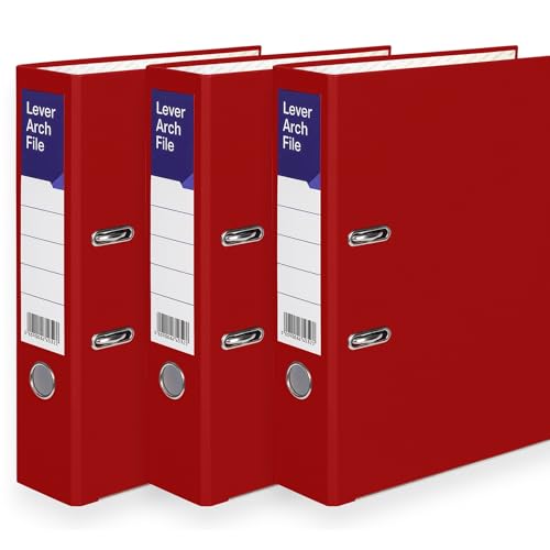 3X A4 Red Lever Arch Files Durable Folders with Metal Binder Bar Ring | Perfect for Office, Home & Classroom Use (Pack of 3 Red)
