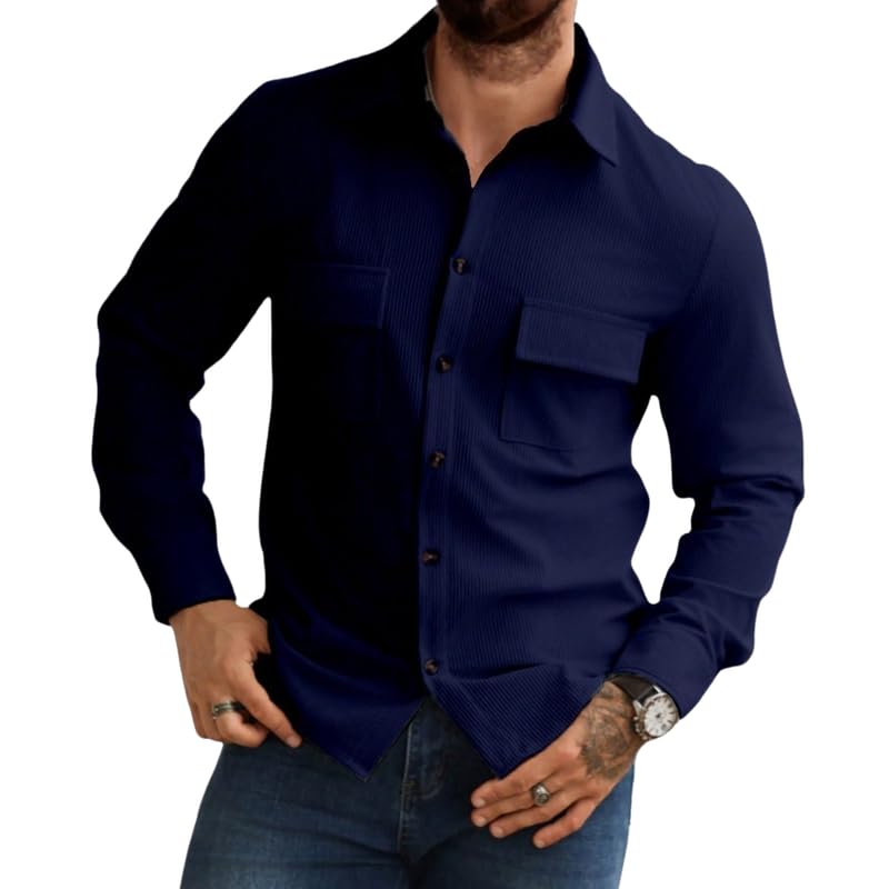 Image of COMBRAIDED Corduroy Men's Full Sleeve Casual Striped Shirt - Comfort Fit, Ideal Stylish and Versatile Clothing