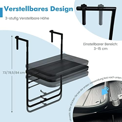 FANTASK Balkonhängetisch zum Einhängen, klappbarer Balkontisch mit 3-stufig Verstellbarer Höhe, Klapptisch Hängetisch wetterfest, für Balkongeländer, 60 x 40 cm, Schwarz