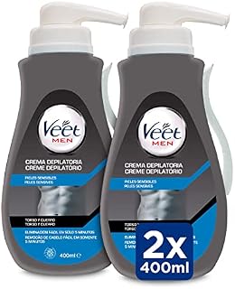 Veet Men Męski krem do depilacji klatki piersiowej Plecy Ramiona i nogi, Wrażliwa skóra, kolor szary, 400 ml (opakowanie 2)