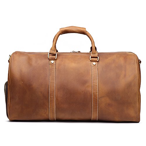 Leathfocus Leather Travel Luggage Bag, Mens Duffle Retro Carry on Handbag (Brown)