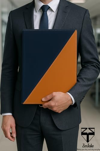 Image of ZesTale Leatherette Document File Folder | Multipurpose Professional File Folders for Certificates Holder for Men and Women Set of 1 (Color: Blue and Brown)