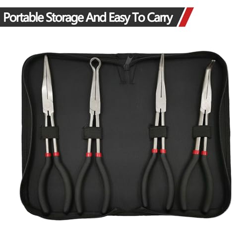 Image of 4 Pack 11 inch Precision Long Nose Pliers Set with Portable Bag, Insulated Grip | Straight, 45 & 90 Angle Curved & Circle Nose for Wire Bending, Trimming, Narrow Spaces, Hard to Reach Area & Precision Work