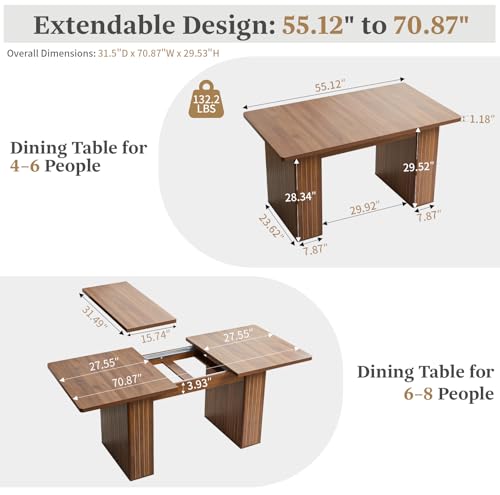 Image of 55 in-71 in Extendable Rectangular Dining Table for 4-6, Modern Farmhouse Expandable Kitchen Table with Carved Line Base, Wooden Dinner Table for Kitchen Living Room Home Office (Walnut)