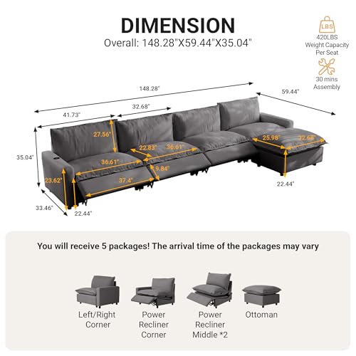 Image of 148.82 inch Power Reclining Sofa with Wireless Charging & Heated Seats,Smart Recliner Sectional Couch,Zero Gravity Recliner Sofa,Deep Seat Cloud Couch for Living Room Home Theater,Grey,5 Seats