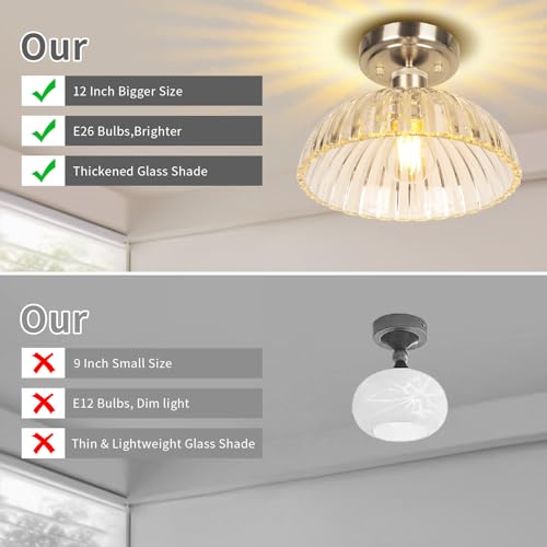 Image of JYZ Semi Flush Mount Ceiling Light, Brushed Nickel Ceiling Light Fixture with Ribbed Glass Shade, Vintage Light fixtures for Hallway, Entryway, Bathroom, Kitchen, Bedroom