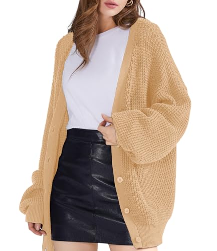 Image of QUALFORT Women's Oversized 100% Cotton Cardigan Sweater | Long Sleeve V Neck Button Down Open Front Knit Outerwear