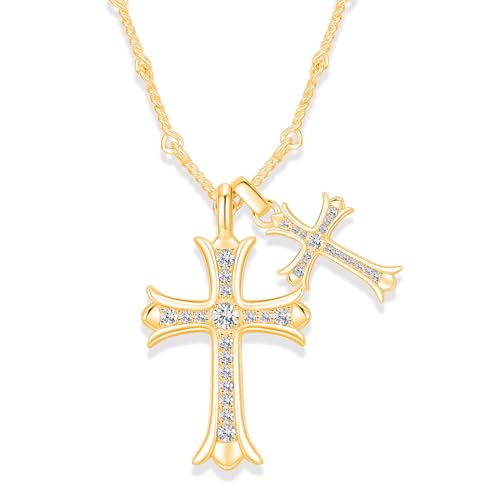 Double Moissanite Cross Necklace for Women or Men, Diamond Cross Necklace, 14K Yellow Gold Plated S925 Sterling Silver Cross Pendant Necklaces for Father's Day (Gold)3