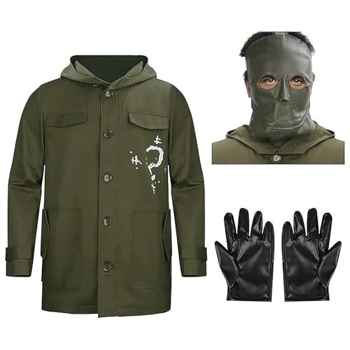 Materuis Army Green Riddler Jacket Cosplay Costume with Mask Gloves Edward Villain Question Mark Coat Halloween Cosplay Costume (XXL)