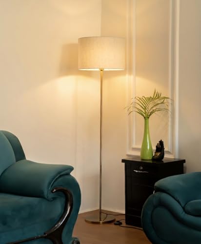 Image of Divine Trends Floor Lamp Standing Antique Brass Finish 5Ft Height with 14 Inches Drum Shade Off White for Living Room Corner, Home, Hotel, Office Pack of 1 - Led Bulb Included