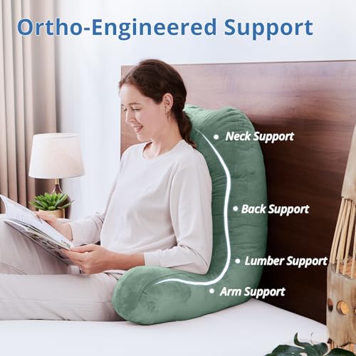 Image of Sasttie Reading Pillow for Bed, Back Pillow for Sitting Up, Sage | 25 inch Backrest Support Cushion for Couch, Sofa, and Floor, Dorm Essentials, OEKO-TEX, Adjustable Down Alternative Fill