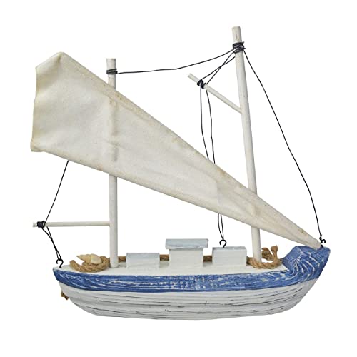 Hogar y Mas Velero Decoración Madera, Barco Decorativo Azul. Figura Marinera de Tela y Cuerda, Vintage 26x6x28 cm