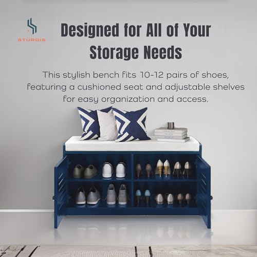 Image of Wooden Shoe Storage Bench Organizer Cushioned Seat with Adjustable Shelves for Entryways, Living Rooms, or Bedrooms, Antique Blue