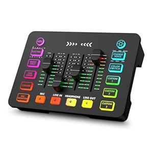 Gaming Audio Mixer with RGB, Streaming/PC Mixer with XLR Microphone Interface, 6 Voice Changing Modes Individual Control, Mute Button,48V Phantom Power