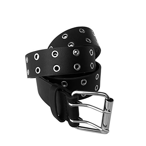 Double Eyelet Grommet Leather Buckle Belt Black Waistband 1.57 Inch Fashion Belt for Men for Women Adjustable, S2
