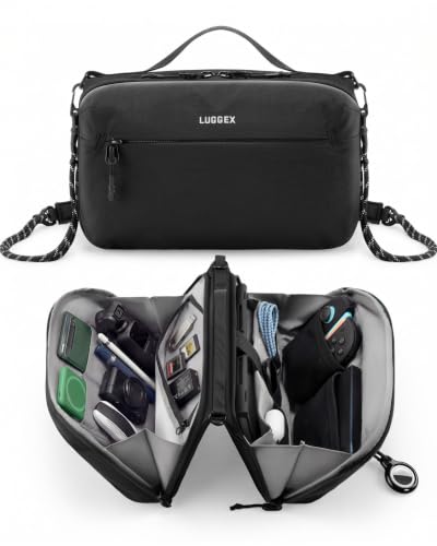 LUGGEX Large Tech Pouch Cable Organizer Bag with Removable Crossbody Strap Dual Accessories Bag & Water Resistant Compatible with Chargers Cord Earphone for Travel All-in-One Black CBX01