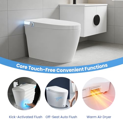 Inodoro inteligente con bidé integrado, inodoro eléctrico moderno, sin tanque, asiento calefactable, lavado con agua tibia, sensor de pie, secador de aire, pantalla LED (Blanco) miniatura 3