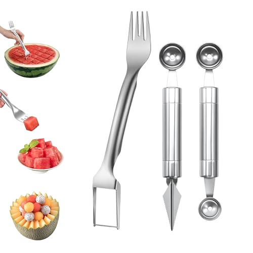 Watermelon Fork Slicer Cutter 2 in 1 & Melon Baller Scoop Set - Stainless Steel Fruits Cutter Kit, Fruit Carving Tools Watermelon Cube Cutter Slicer Tool for DIY Fruit Salads Melons Kitchen Gadget (3)