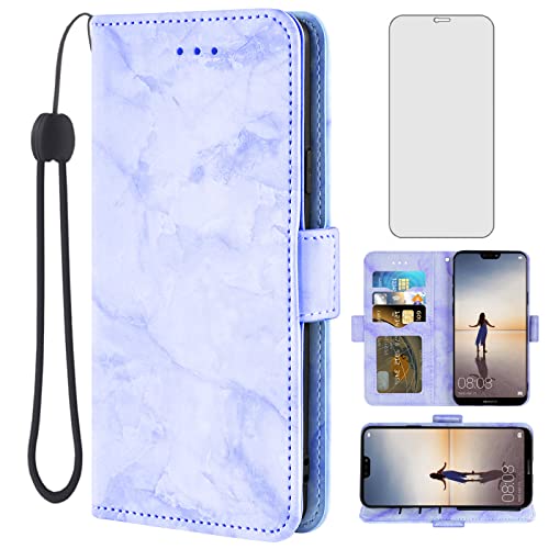 Asuwish Phone Case for Huawei P20 Lite with Tempered Glass Screen Protector and Marble Wallet Cover Flip Card Holder Slot Stand Kickstand Cell Accessories Hawaii P20lite P 20 Nova 3E Women Men Purple