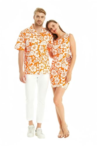 Image of Matchable Couple Hawaiian Luau Men Shirt or Women Tank Dress in Classic Vintage Hibiscus