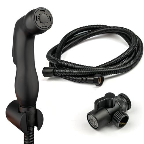 Black Portable Bidet Sprayer Kit | Brass Shattaf Tap Diverter Connects to Tap - Wall Mounted Spray Holder, 2m Hose | Douche Spray for Hygiene | Portable Toilet Sprayer UK