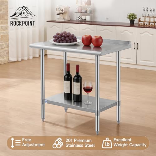 Image of ROCKPOINT All Stainless Steel Perp Table with Backsplash 24x36 Inch, Commercial Heavy Duty Table with Stainless Legs & Adjustable Undershelf, 750 lb Capacity for Restaurant,Home and Outdoor Kitchens