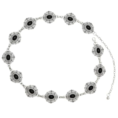 Rosemarie & Jubalee Cowgirl Chic Statement Western Burnished Silver Tone Conchos On Link Body Waist Chain Belt (Black Howlite Stone Centers 34"+9" Extender)4