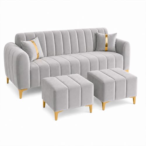 Image of FURNY Harmony 5 Seater L Shape Sofa Set with 2 Movable Ottoman & Golden Legs | Flexible Left or Right Layout | Plush Velvet Fabric (Light Grey) | Perfect for Living Room, Guest Room & Office