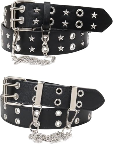 Y2K Goth Punk Belt, Studded Star Belt with Chain, Double Grommet for Women and Men