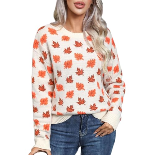 Image of AnnSemo Ladies Jumpers Sweatshirt Casual Sweaters Long Sleeve Jumpers Maple Leaf Graphic Crew Neck Tunic Tops Womens Chunky Knitted Sweater Baggy Thick Top Warm Pullover Y2K Sweatshirt