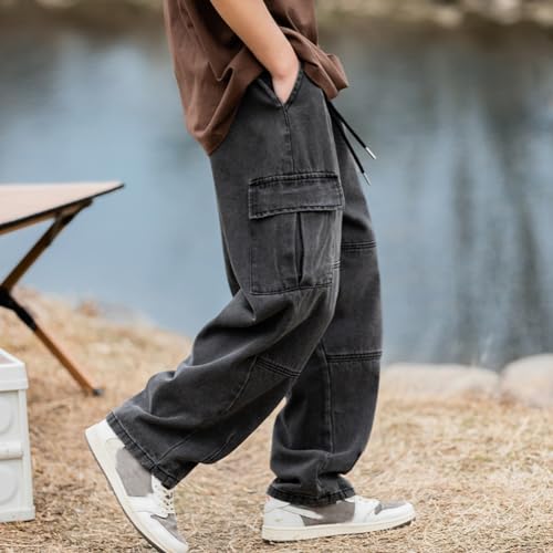 Men's Casual Loose Elastic Waist Cargo Jeans Hip Hop Denim Pants2