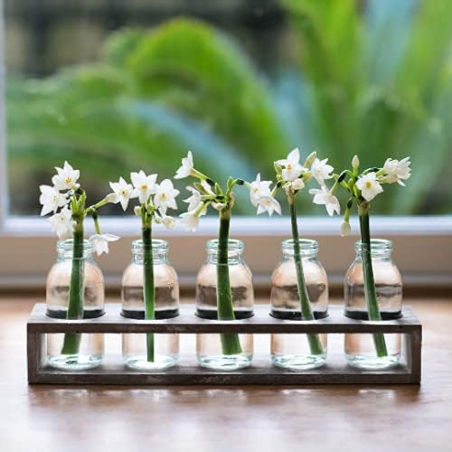SET OF 5 MINI MILK BOTTLES IN WOODEN TRAY Flower Vintage Vases Ideal For Home Interior and Weddings