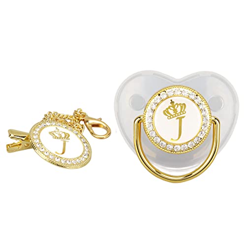 Pacifier Clips Baby Girl, 26 Letter Rhinestone Baby Pacifier with Name Initial Letter, Curved Bling Pacifier for Girl, Newborn Baby Girl Pacifiers Clips, Baby Shower Birthday Gifts (J)