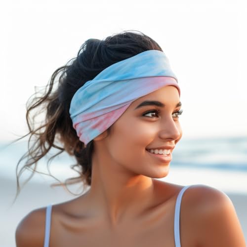 Image of XFYT Silky Soft Tie-Dye Yoga Stylish Hair Bands | Boho Stretch Chic Elegant Head Band for Women Girls Workout Sports Fitness Gym (Pink Sky)