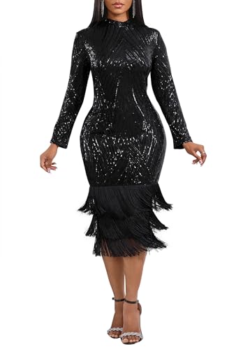 Image of Cololura Sexy Elegant Women Sequin Long Sleeve Tassel Bodycon Midi Dress Party Evening Gown Formal Dress