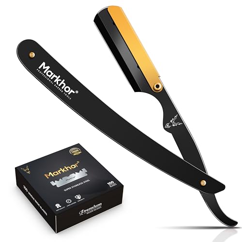 Markhor® Straight Razors for Men with 100 Single Edge Razor Blades | Matte Black with 24k Gold...