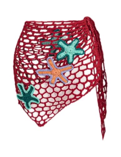 Crochet Beach Sarong Wrap, Red Mesh with Starfish Appliques, Swimsuit Cover Up