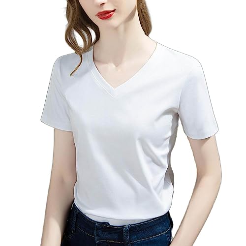 Hauts d'été minces pour femmes t-shirt blanc col en V idéal pour un style décontracté