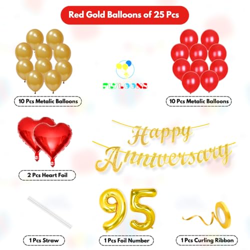 Image of Flyloons 95th Happy Anniversary Decoration Items Red Gold for Men Women Husband Wife Mom Dad Parent Couple Home Bedroom Car With 20 Pcs Metallic Balloons Anniversary Banner 2 Pcs Heart Set Kit